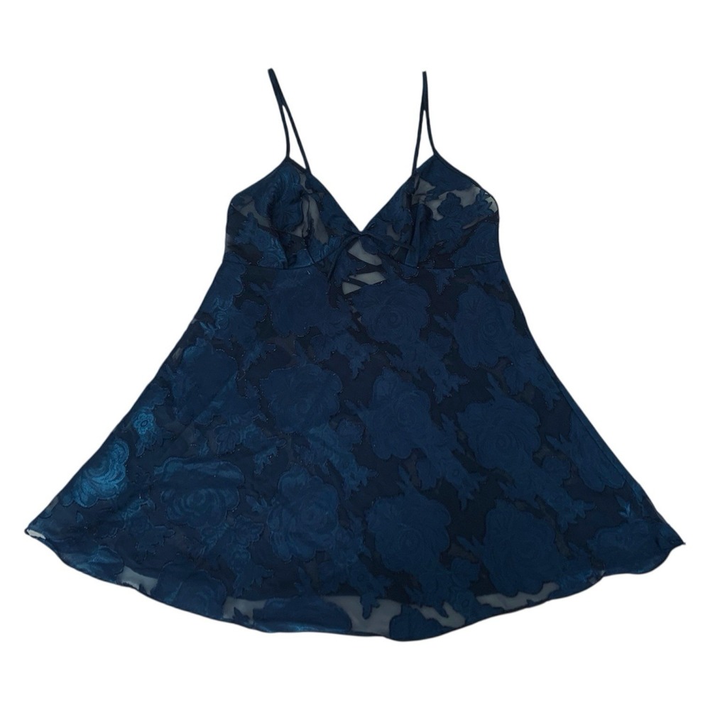 Floral Burnout Mesh Babydoll Lingerie Women Navy Blue Sheer Lace Up Romantic